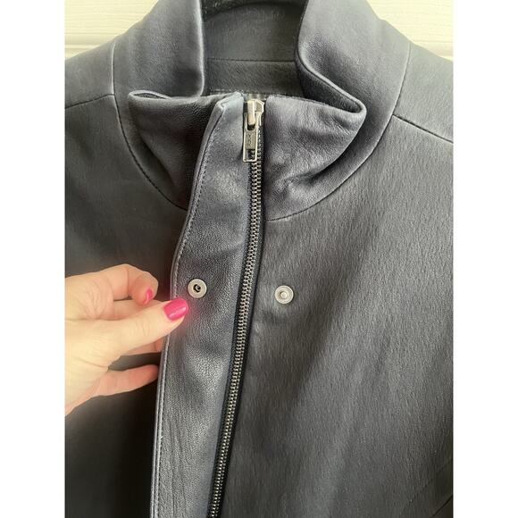 THEORY Women’s Dark Blue Lamb Leather Zip Moto Jacket Sz 12 Career Quiet Luxury - Picture 4 of 12